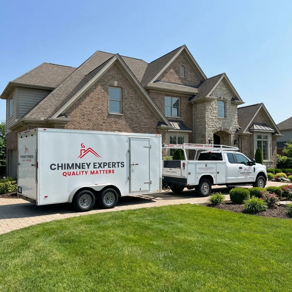 Chimney Experts service truck and equipment trailer at a client home — Louisville, KY